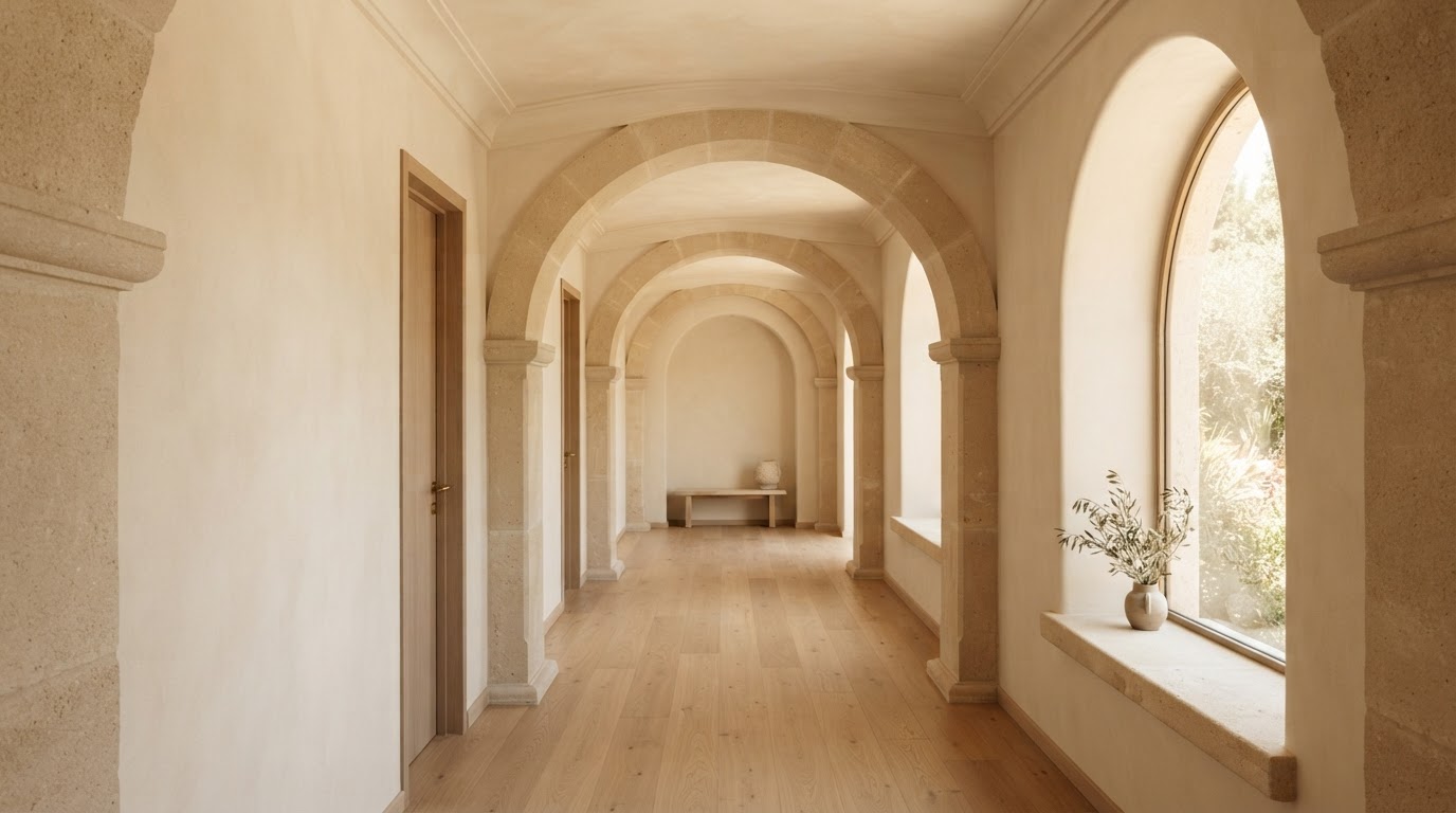 Pasillo con arcos de piedra natural y luz cálida