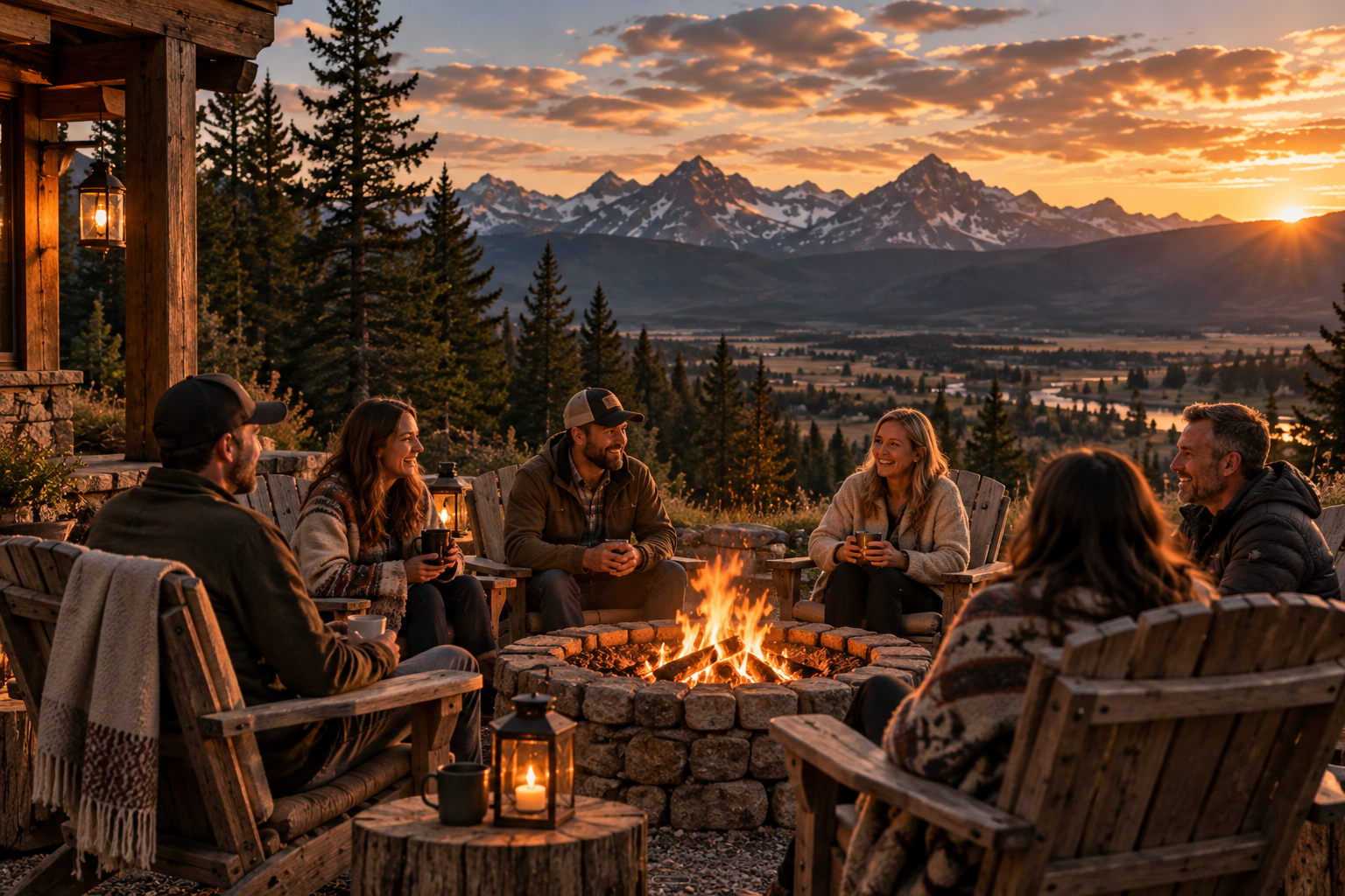 Women and men gathered warmly around a crackling campfire in Adirondack chairs overlooking the Montana mountains
