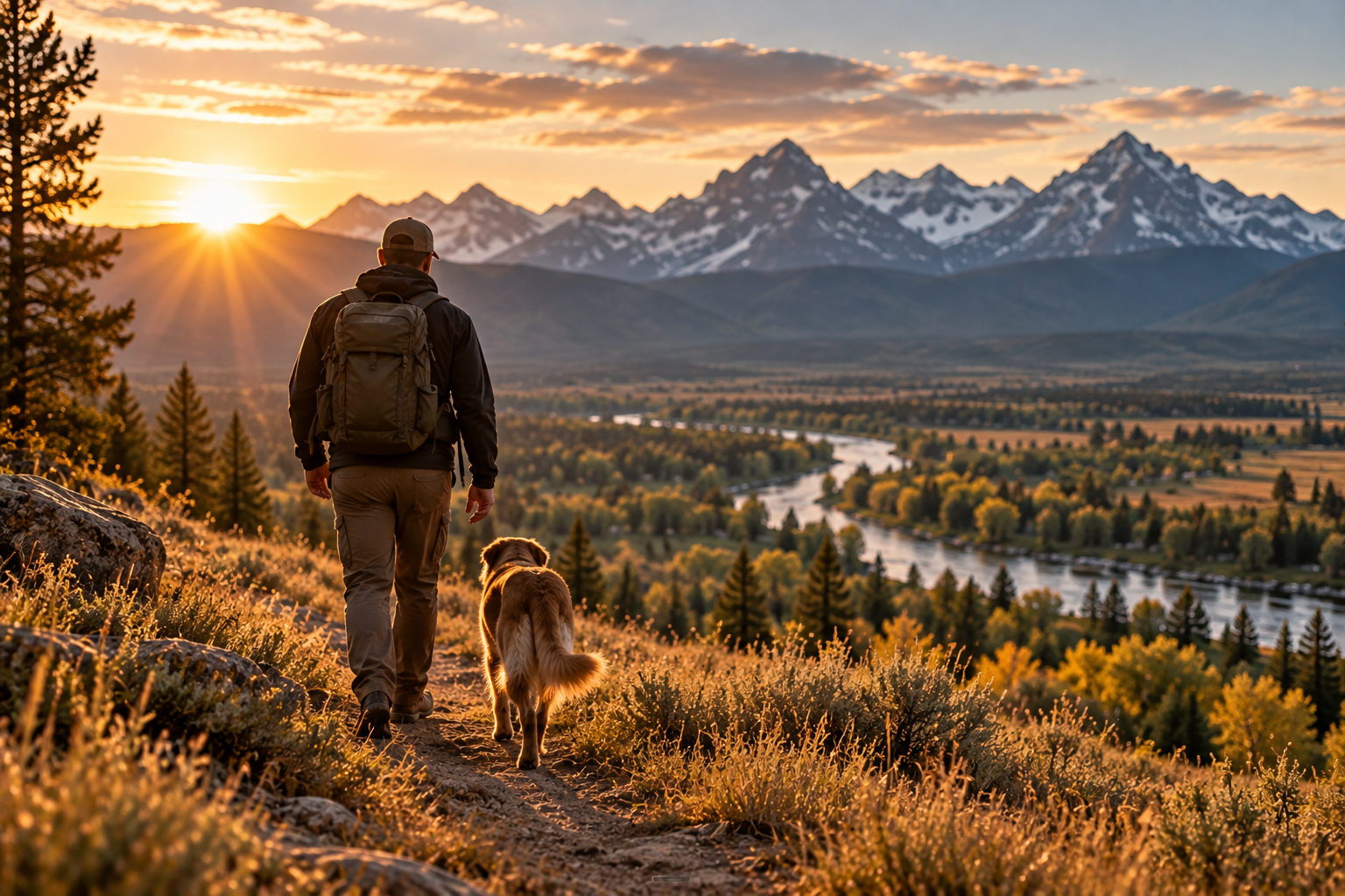 Man walking with his golden dog on a rugged trail overlooking a Montana river valley at sunrise