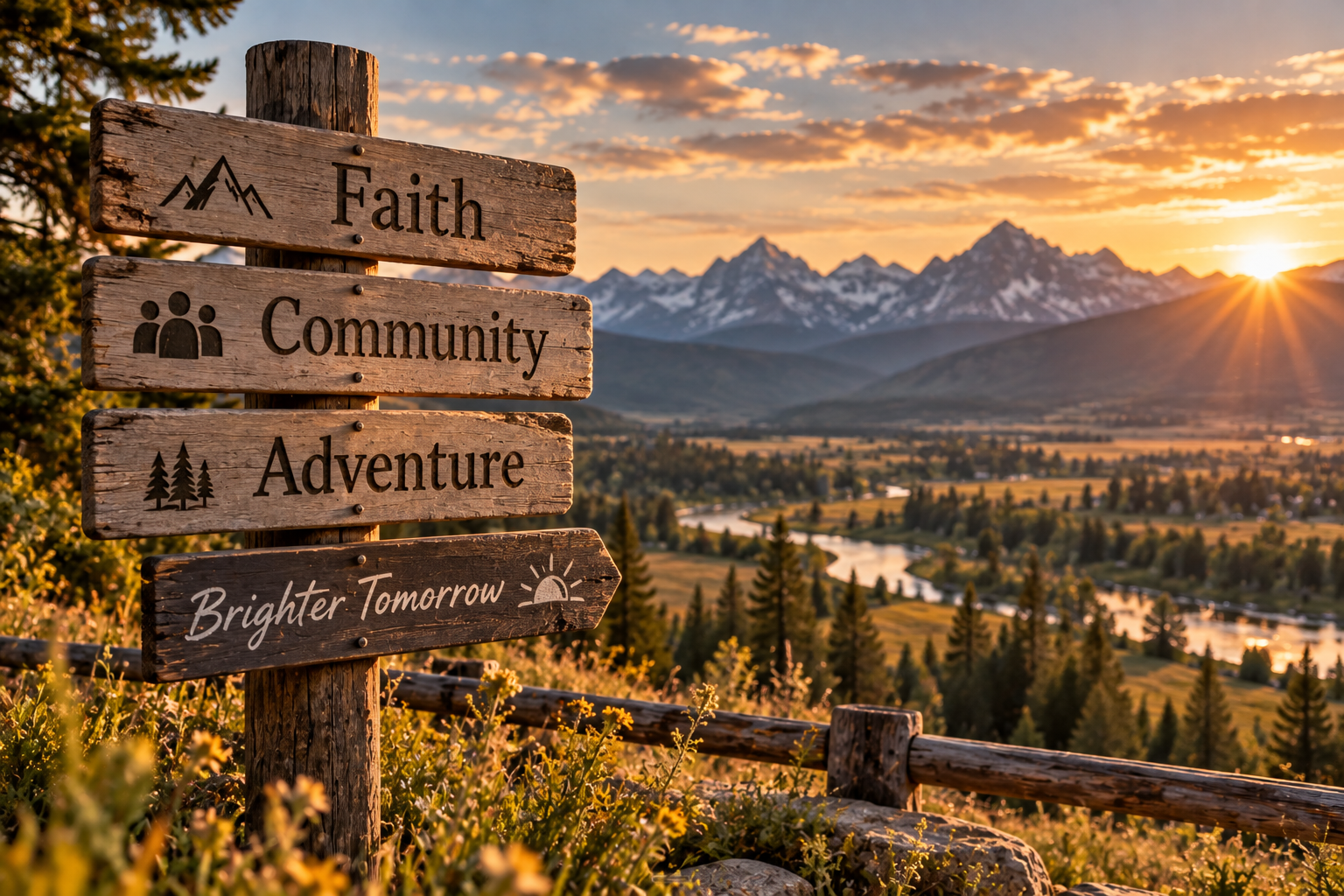 Rustic sign overlooking scenic mountains reading Faith, Community, Adventure