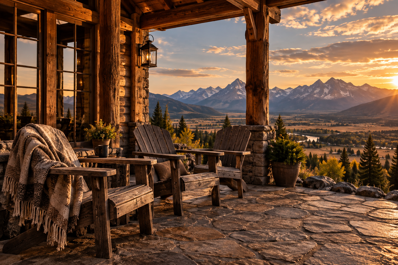 Empty wooden chairs on a rustic mountain-lodge porch overlooking the Montana valley at sunset