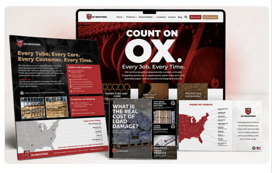 OX Industries branding collage and cohesive marketing collateral