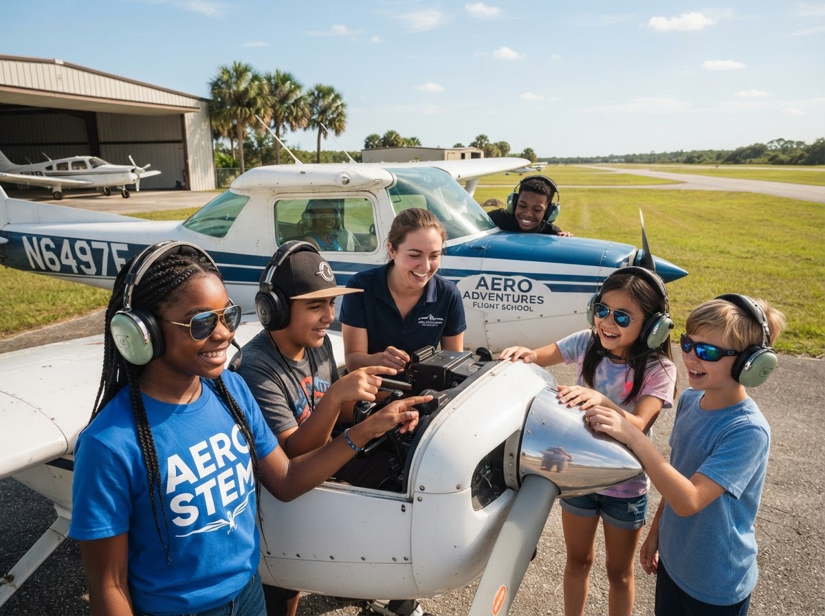 Aerial flight science — diverse children in a flight school lesson on the farm airfield