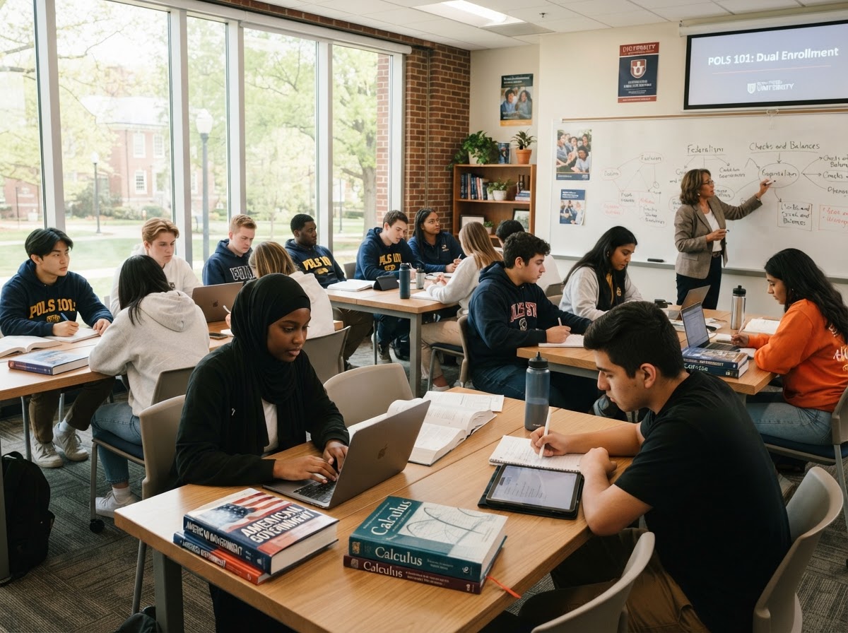 Dual enrollment — diverse high school students in a college-level classroom