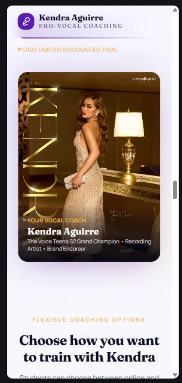 Kendra Aguirre mobile coaching page with vocal coach feature