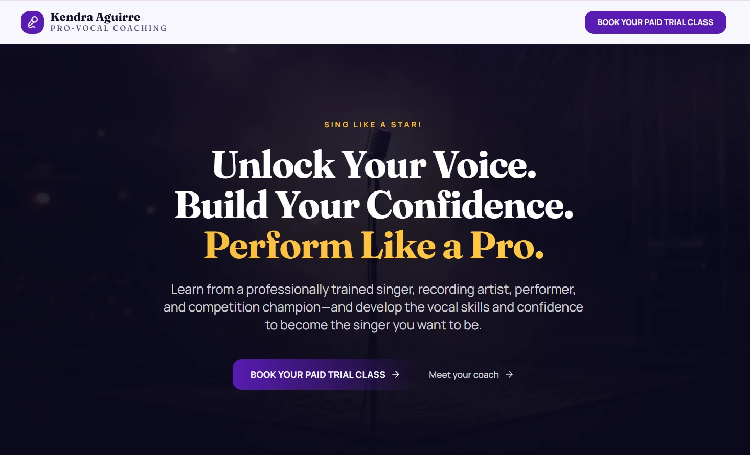 Kendra Aguirre Pro-Vocal Coaching desktop landing page and booking funnel