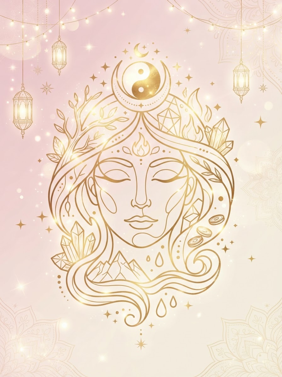 Festive AI Face Reading illustration with gold and pastel-pink Five Elements and yin-yang motifs