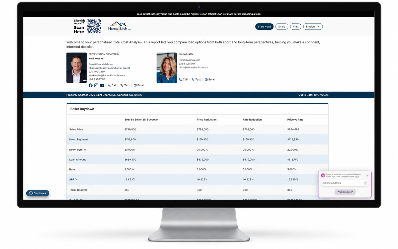 Online interactive Total Cost Analysis and Buydown financing tool on desktop display