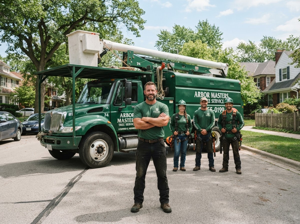 Local Edge Rank client — a tree service business owner standing in front of his bucket truck with his crew