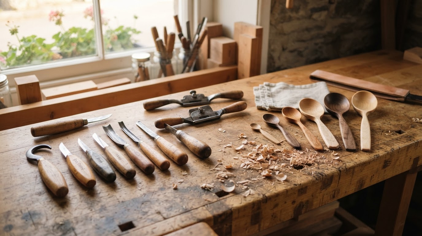 Hand woodworking tools and finished carved spoons on a maple workbench