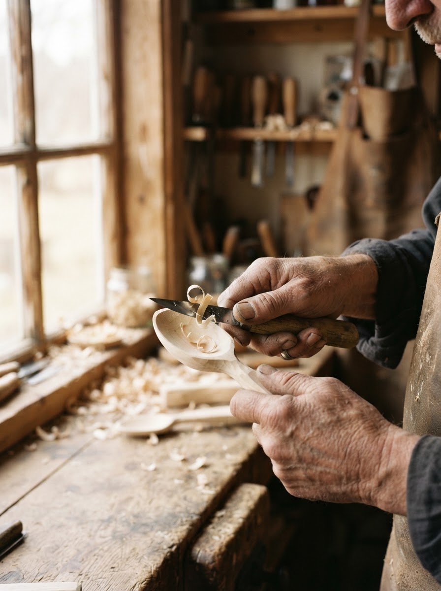 A craftsman's hands carving a wooden spoon with a knife in a Vermont workshop