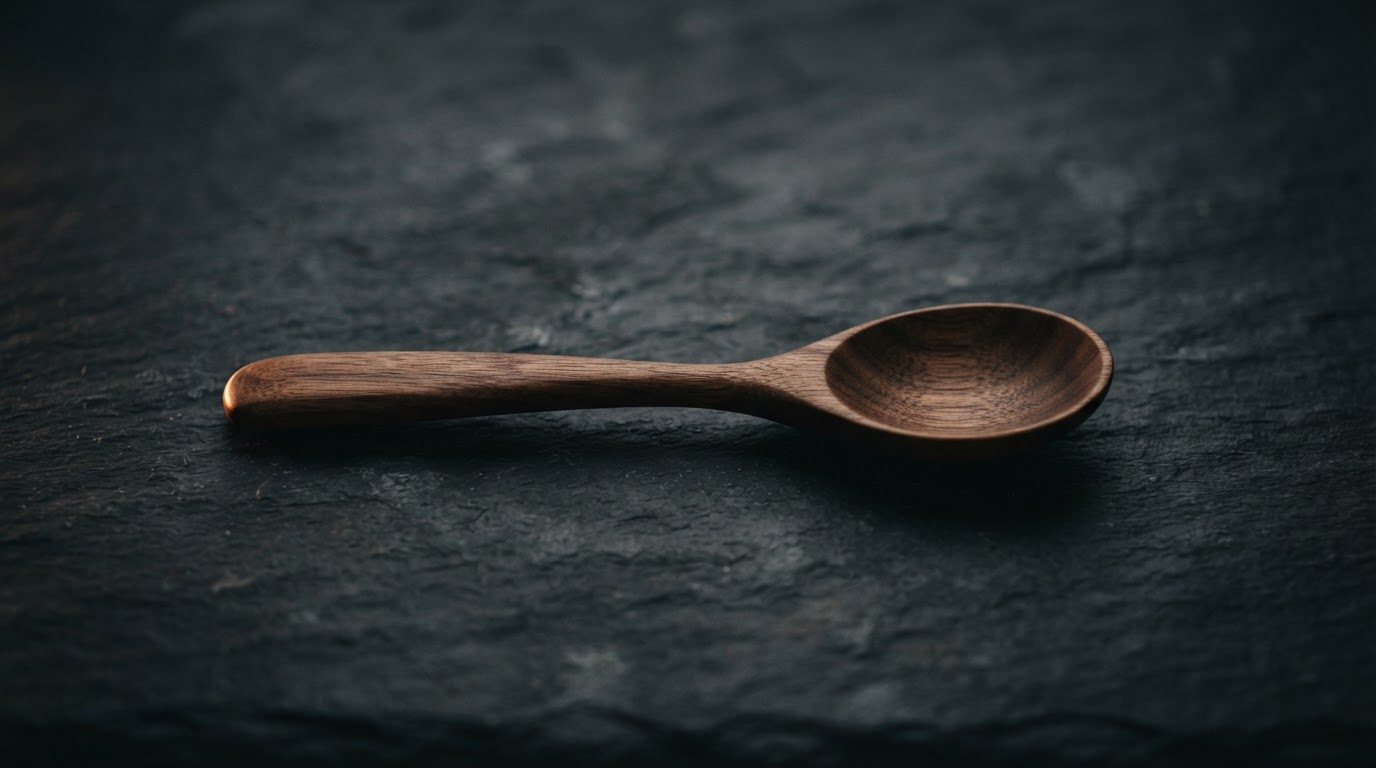 A single handcrafted walnut wooden spoon resting on a dark textured surface — handmade in Derby Line, Vermont