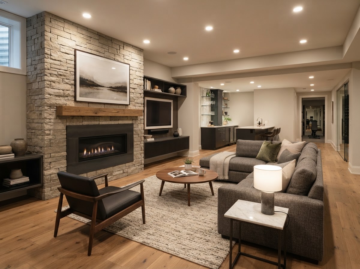 Finished basement remodel with warm tones