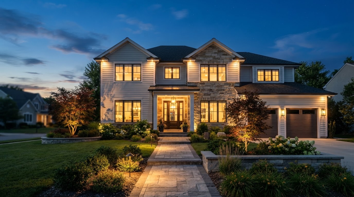 Beautifully remodeled home at dusk with warm glowing windows