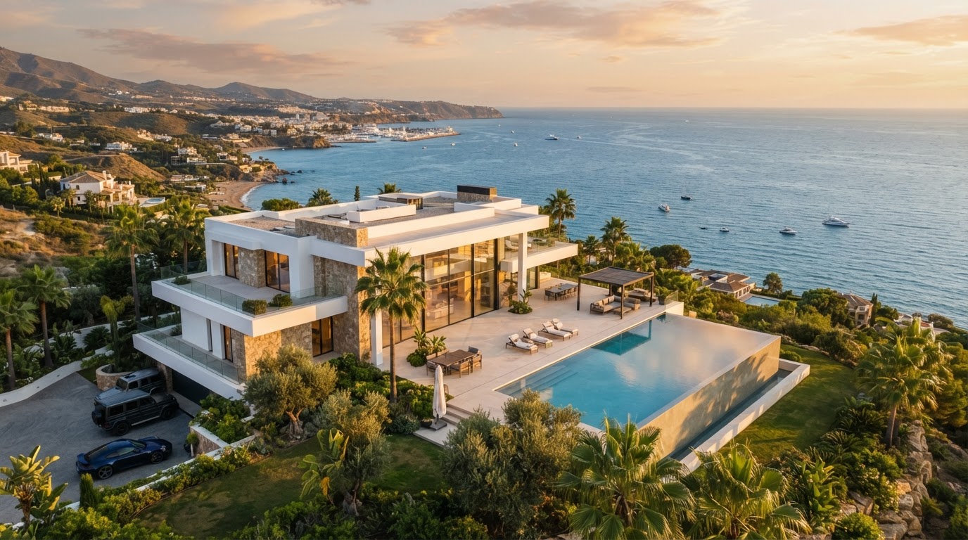 Luxury Costa del Sol villa overlooking the Mediterranean at golden hour