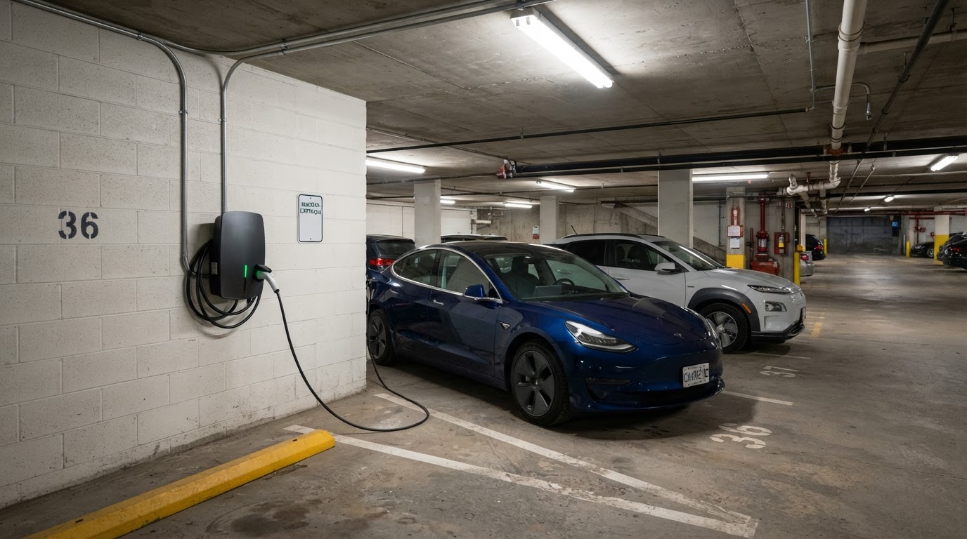 Installation d'une borne de recharge dans un stationnement de condo à Montréal