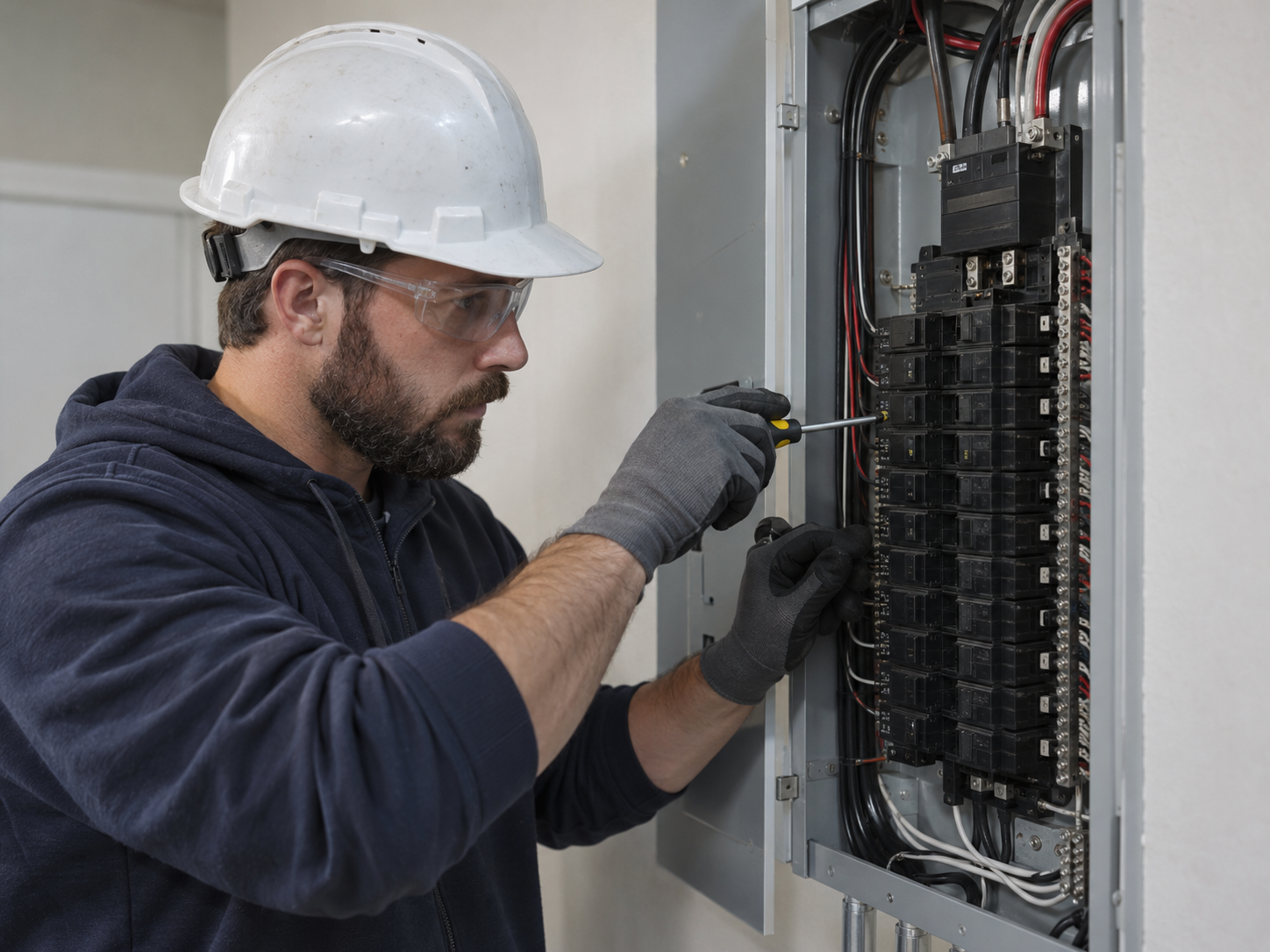 Électricien qualifié de DSS Électrique travaillant avec précision sur un panneau électrique à Montréal