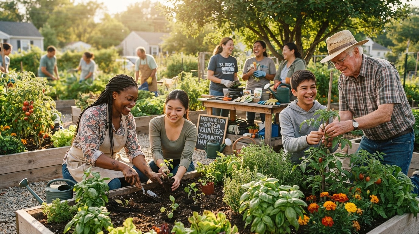 Neighbors working together in a community garden — planting, mentoring, and organizing.