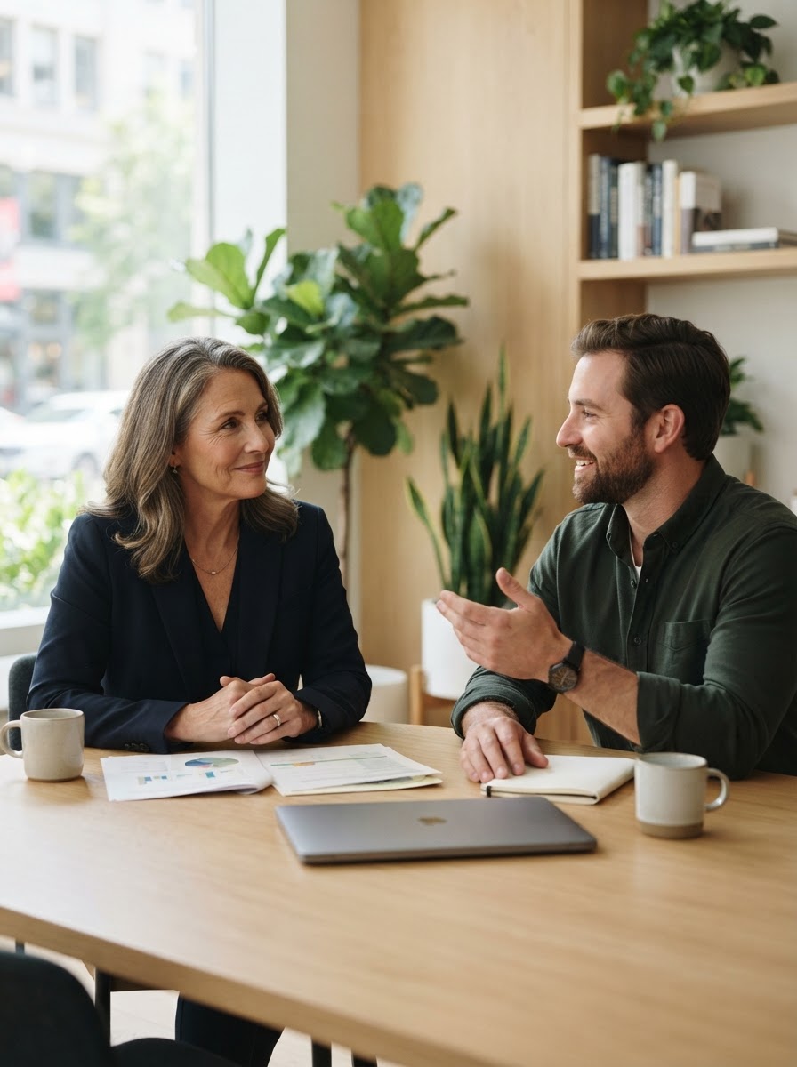 A SCHROTHE insurance advisor in genuine conversation with a client