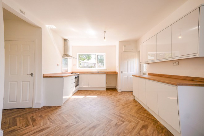Ashington 3-bed terrace after refurbishment — completed kitchen and living area