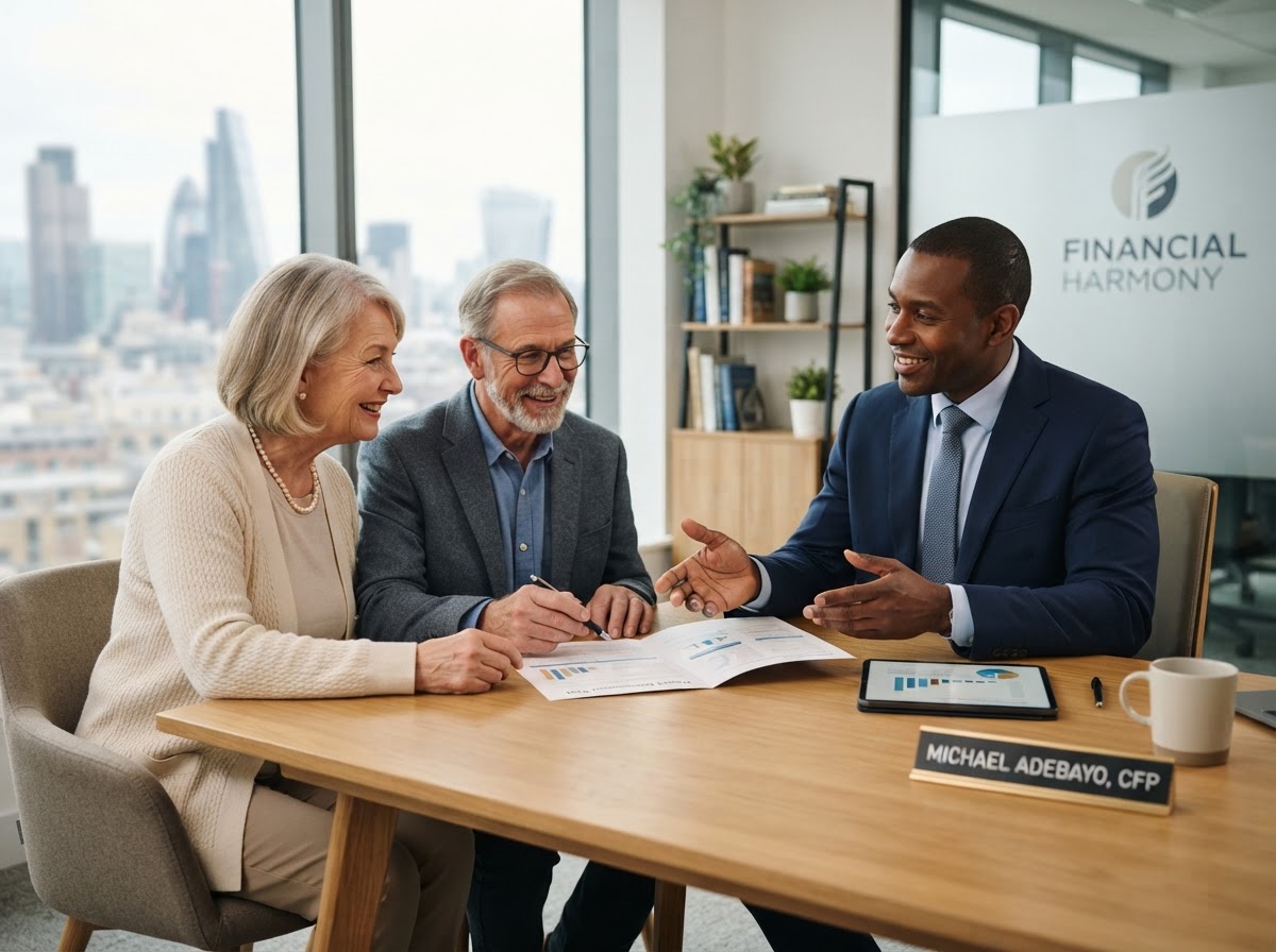 A financial advisor meeting with a retired couple to review their life insurance options