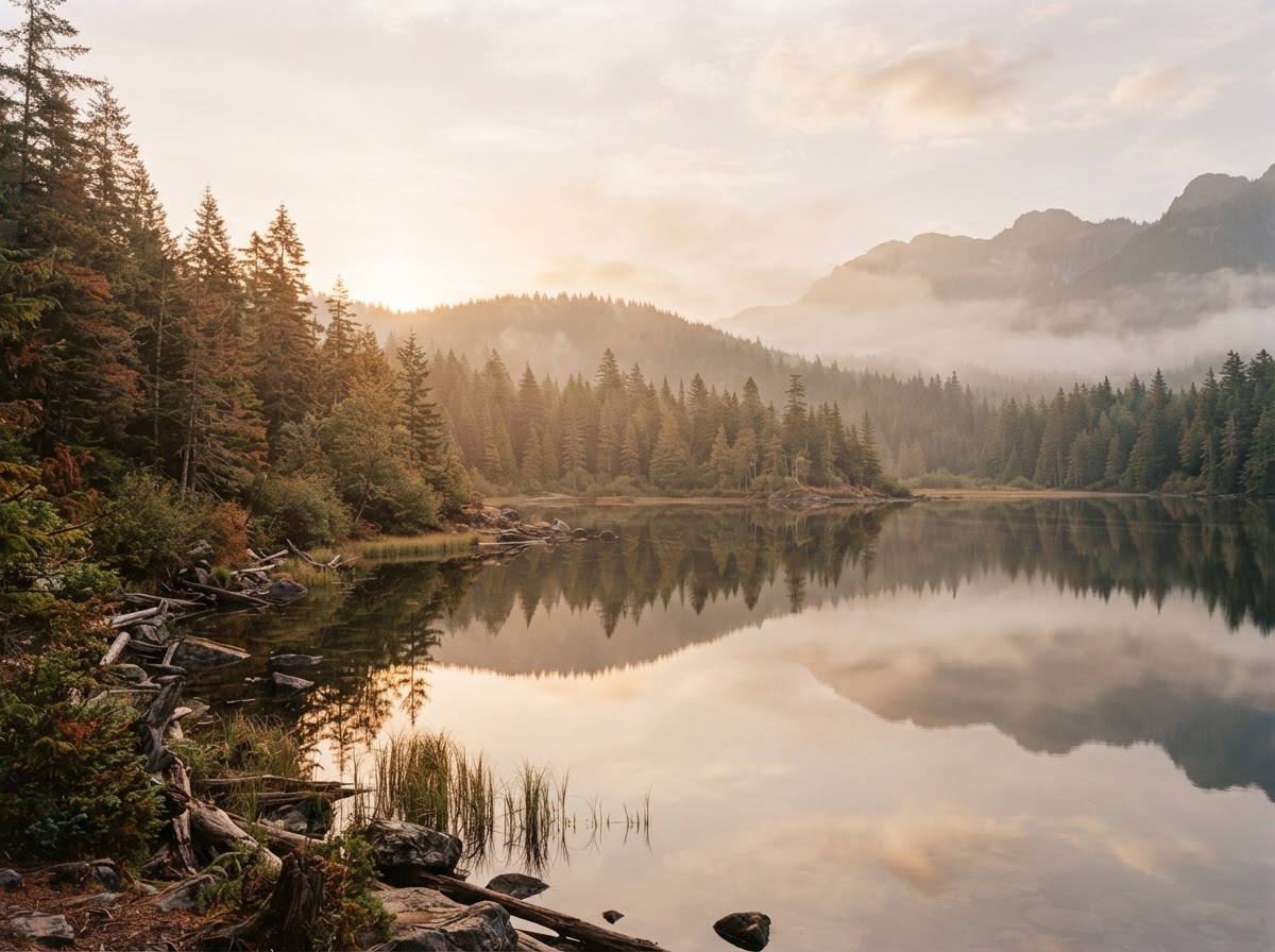 Un lac canadien paisible à l'heure dorée, entouré de pins, évoquant un nouveau départ
