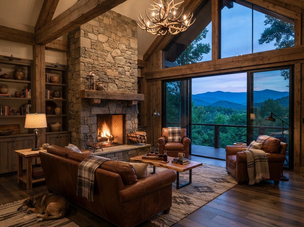Luxury Mountain Cabin Interior with Stone Fireplace