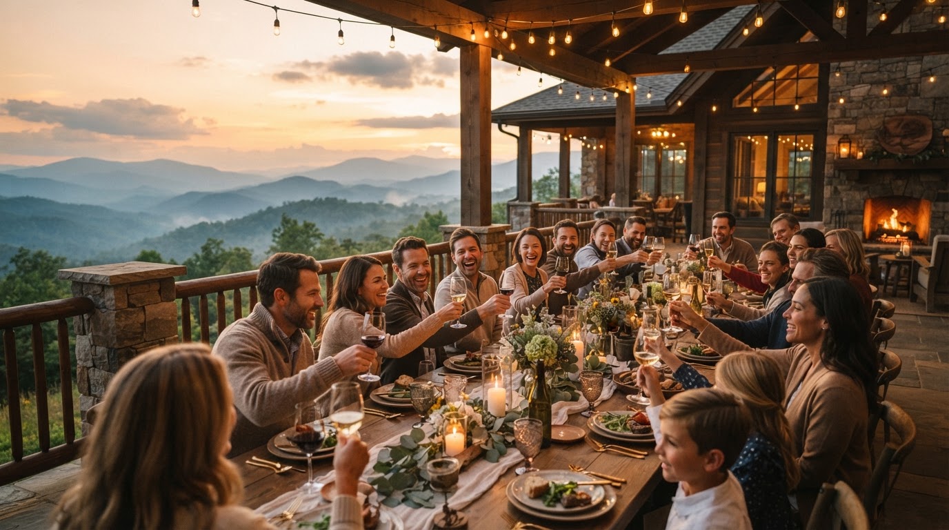 Group of friends and family celebrating at a luxury Smoky Mountain lodge at golden hour