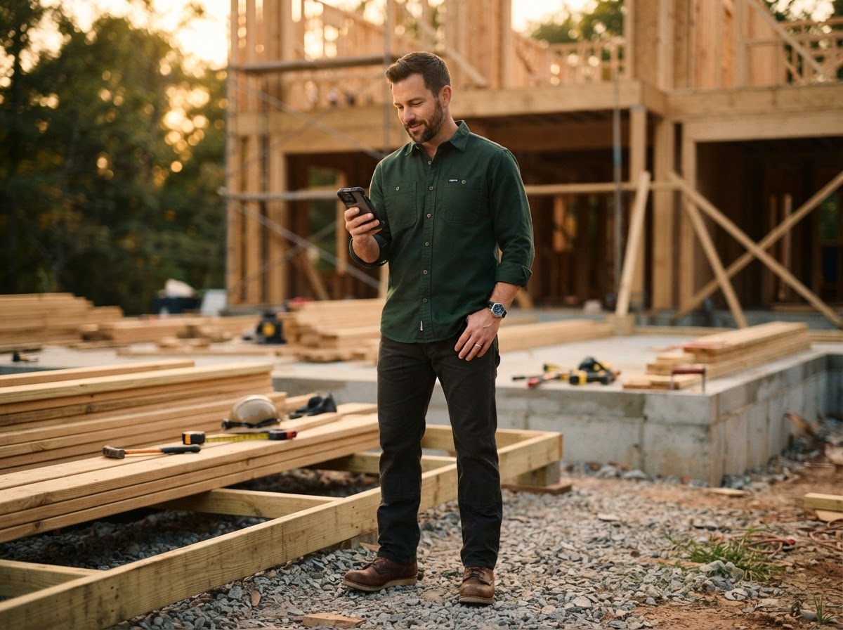 A contractor reviewing project plans on a phone at a residential job site during golden hour.