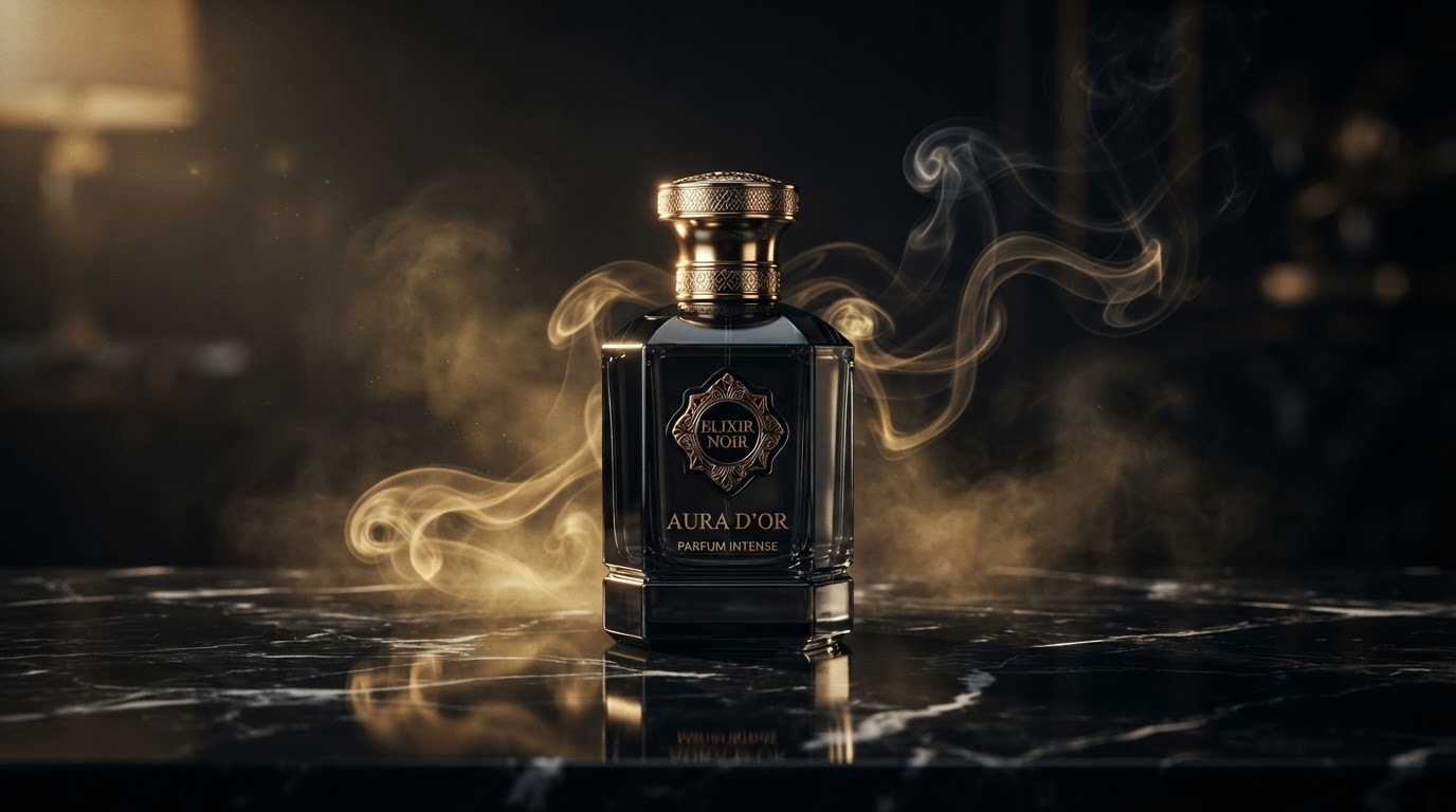 Luxury Black Da Scent God Fragrance Bottle with Gold Accents and Smoke
