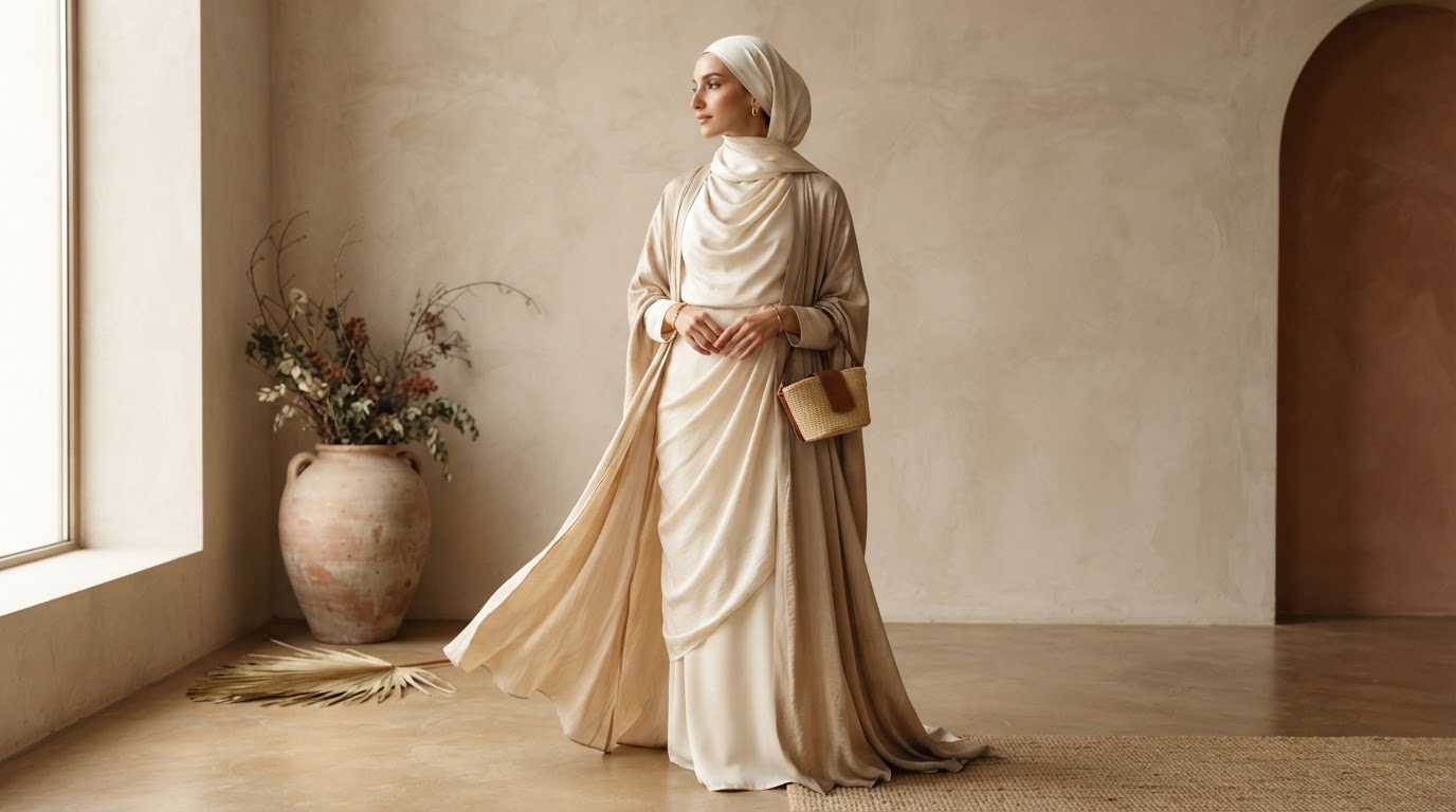 Noor & More — flowing modest fabrics in warm neutral tones