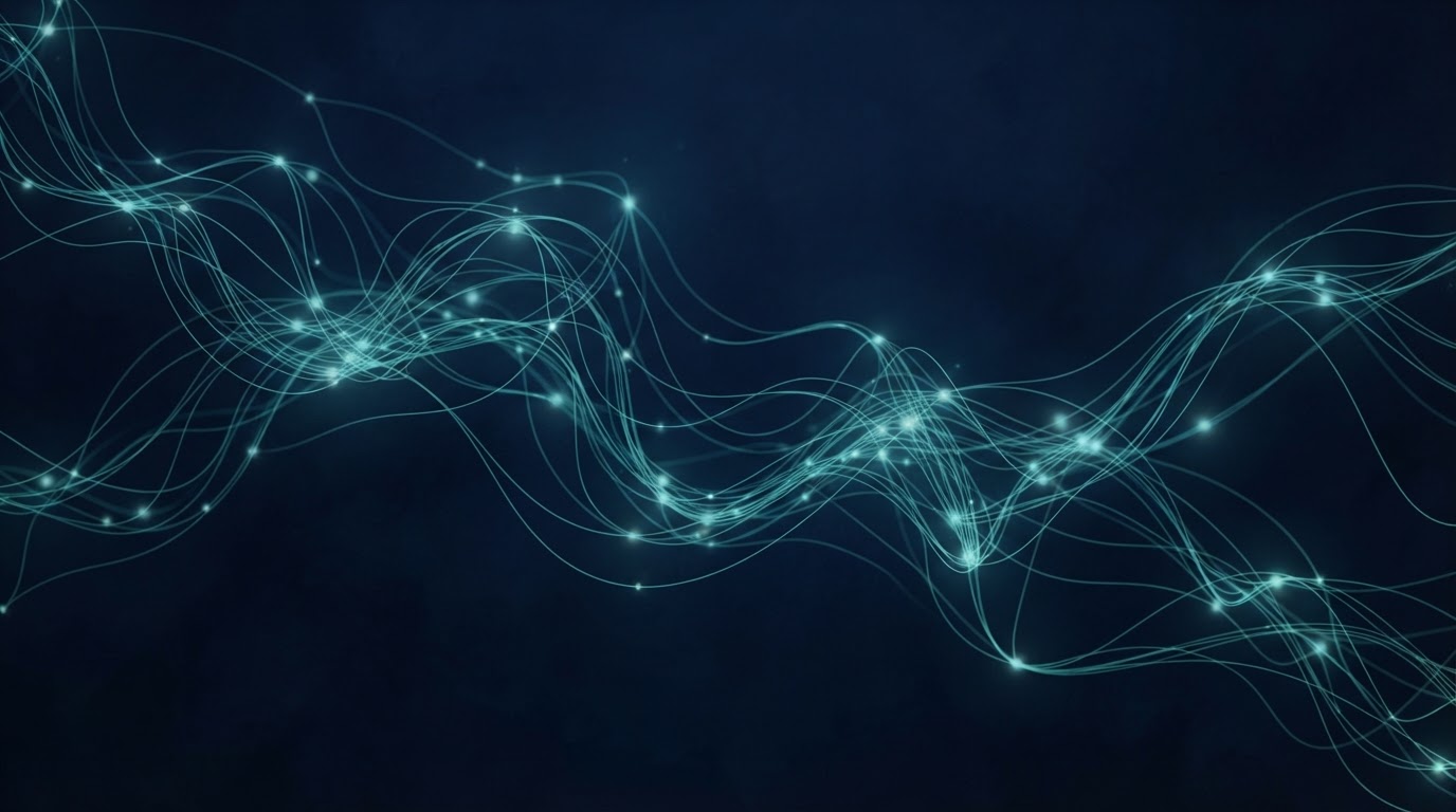 Soft glowing blue nodes forming a flowing network over deep navy, representing follow-up and connection