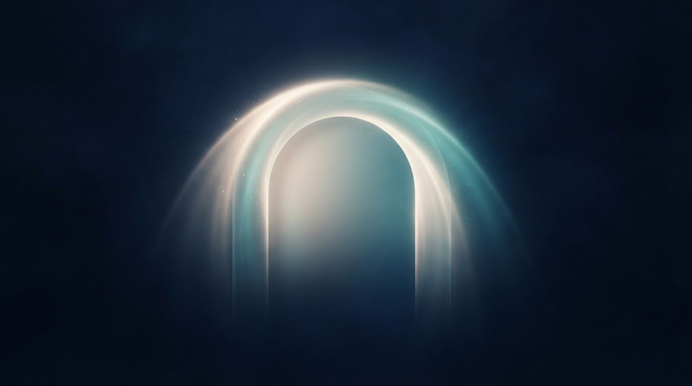 A soft arch of warm-white and blue light opening outward over deep navy, representing an open welcoming gateway