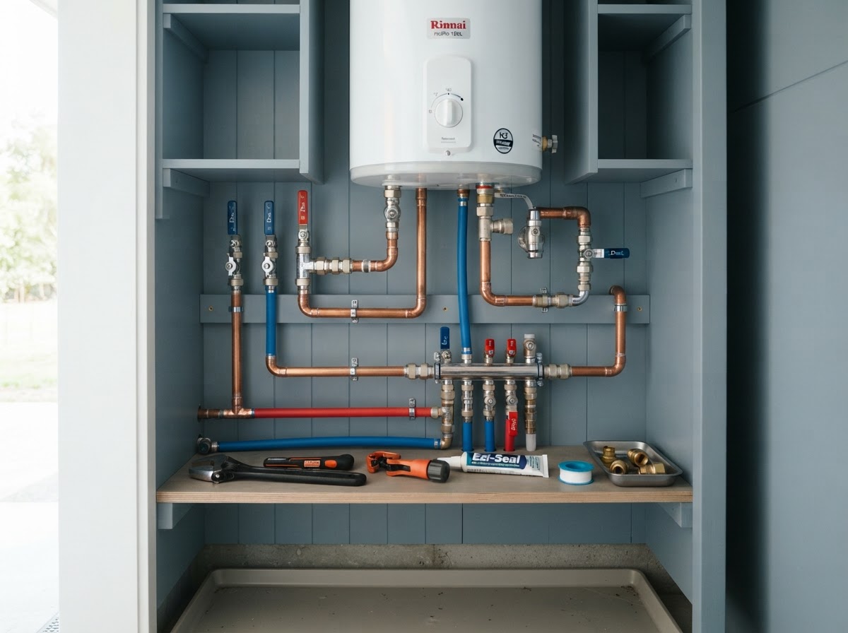 Modern residential plumbing fixtures, copper pipes and hot water cylinder