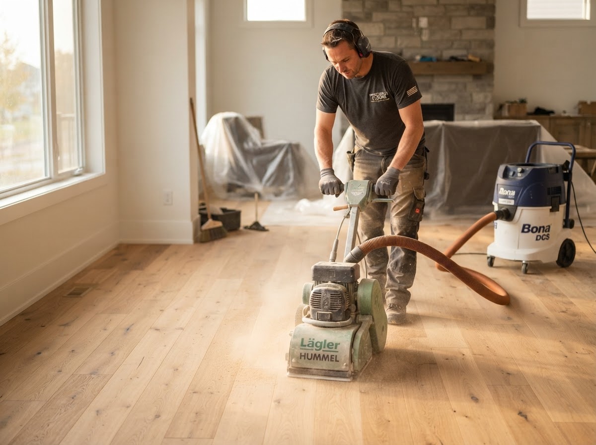 A hardwood floor craftsman sanding a wide-plank hardwood floor with a dustless sanding machine and dust-collection hose
