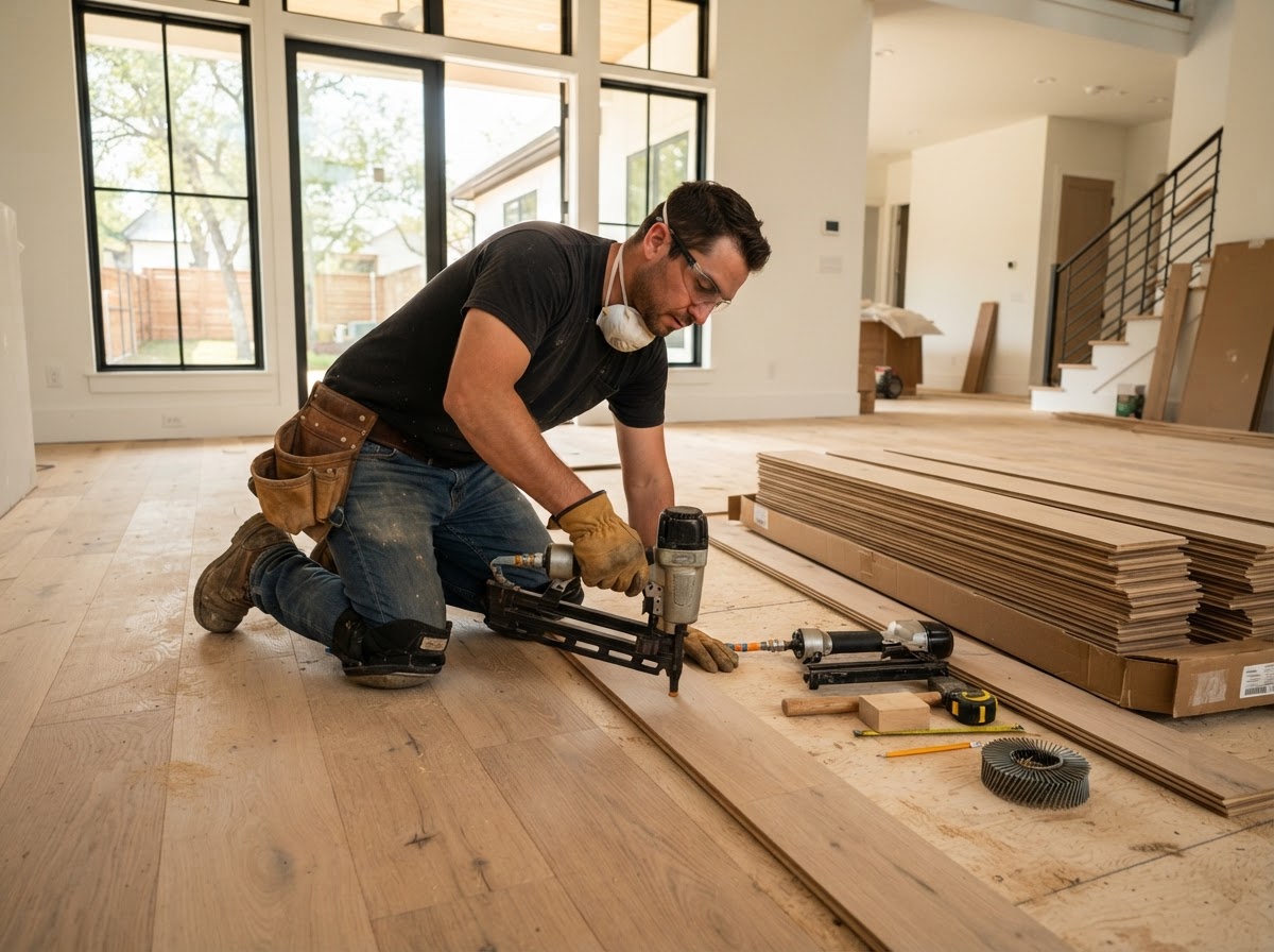 A hardwood floor craftsman installing new wide-plank hardwood flooring in a bright Frisco, Texas home
