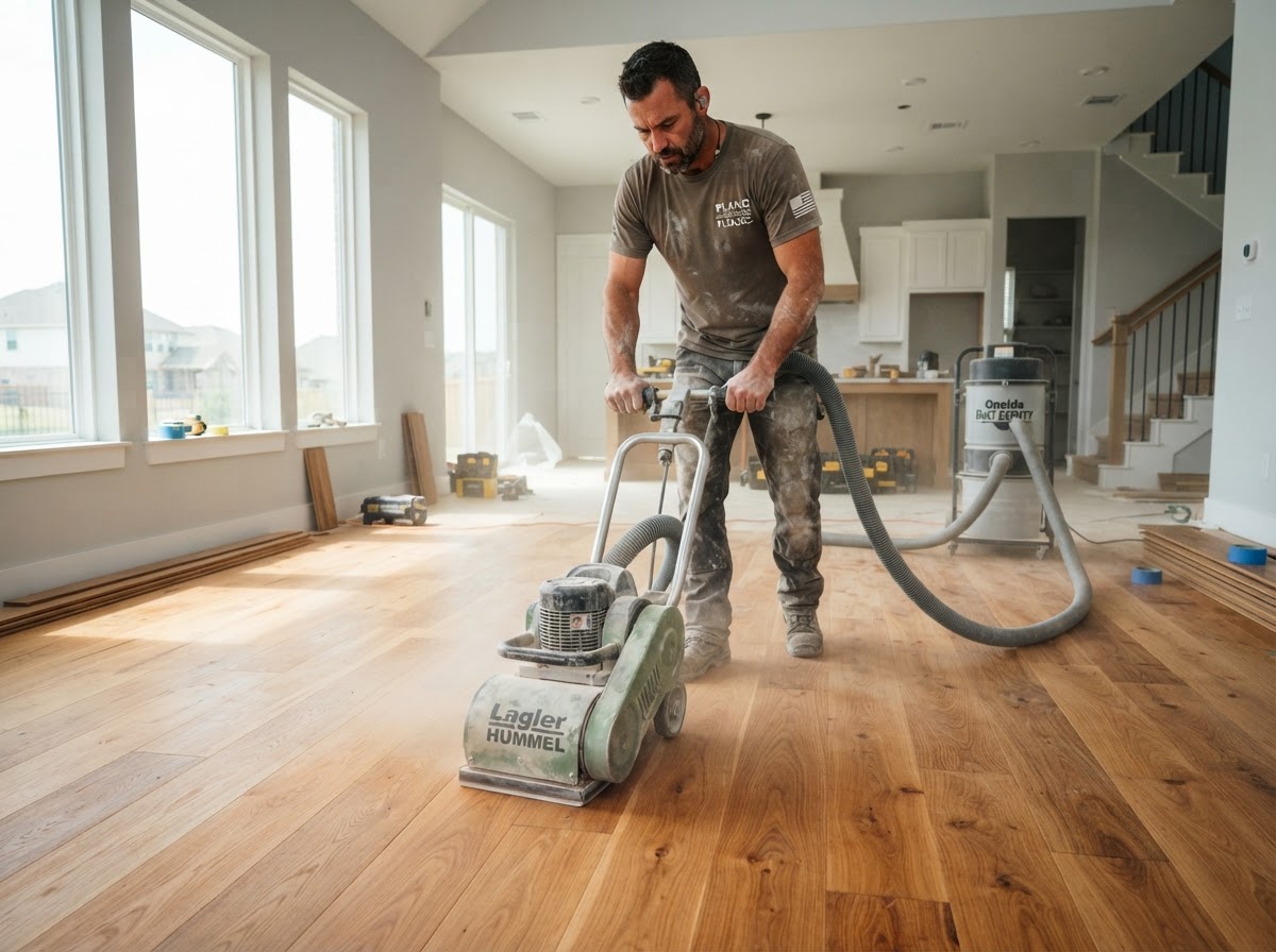 A hardwood floor craftsman sanding a wide-plank hardwood floor with a dustless sanding machine and dust-collection hose