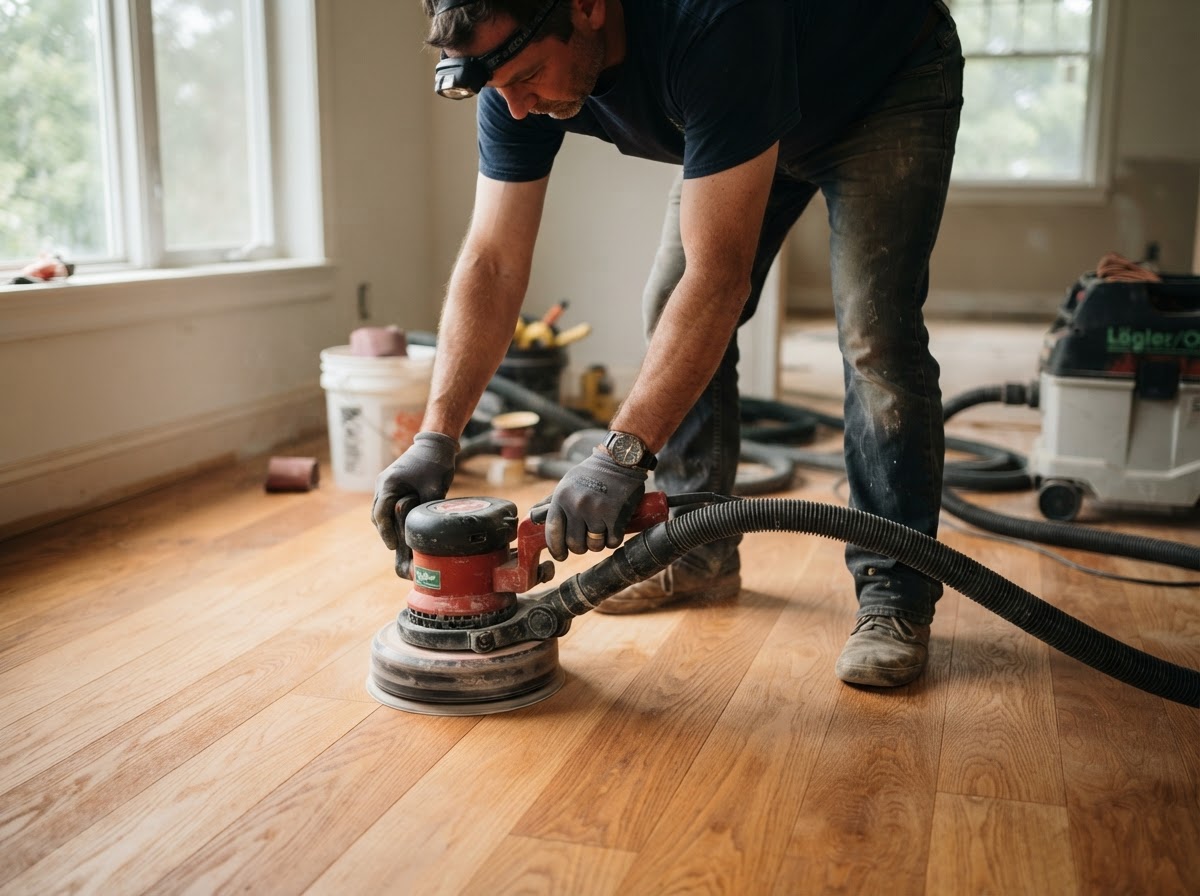 A hardwood floor craftsman sanding with a dustless sanding machine and dust-collection hose