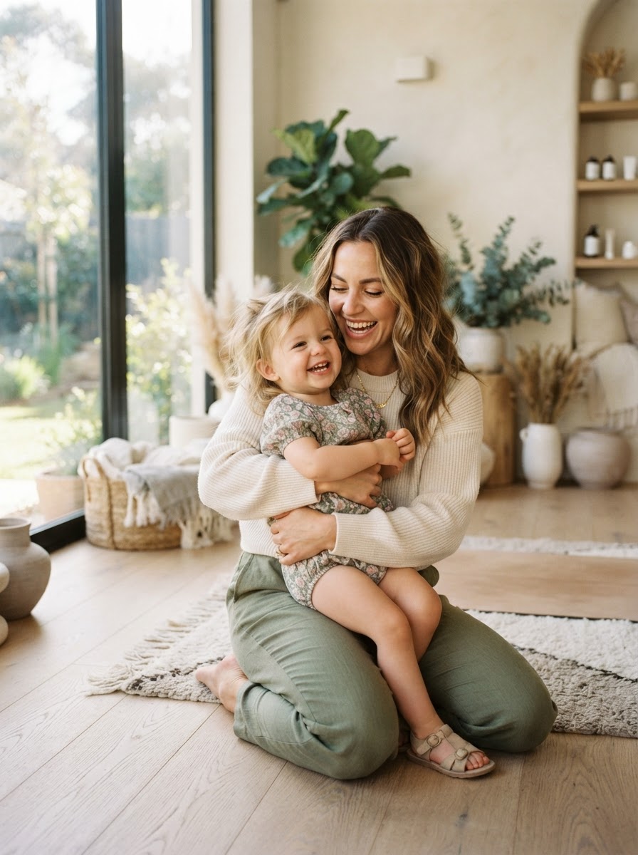 A happy mother and child sharing a bright, welcoming moment at The Well Co.