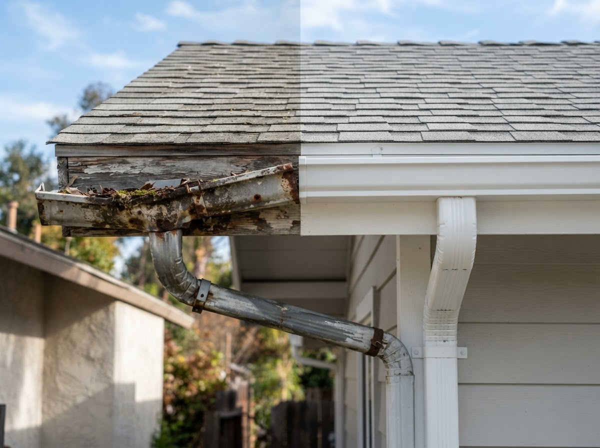 An old weathered sagging gutter next to a clean new seamless gutter along a roof fascia