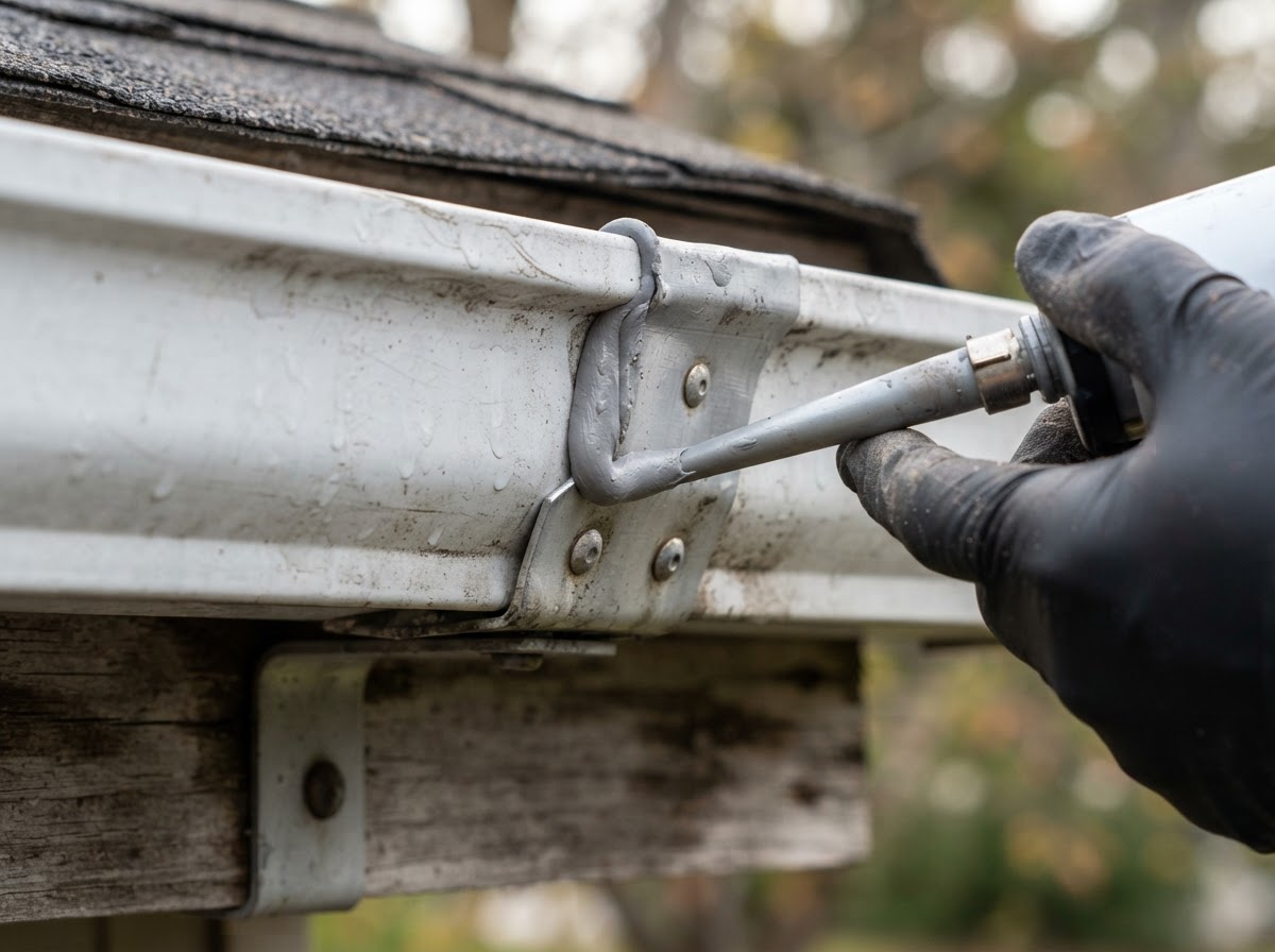 Close-up of a gutter seam being sealed during a repair