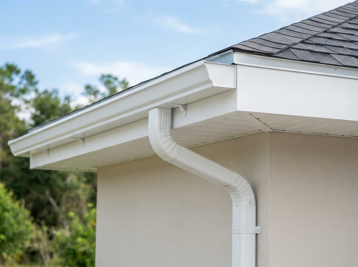 Newly installed seamless gutters along a home roofline