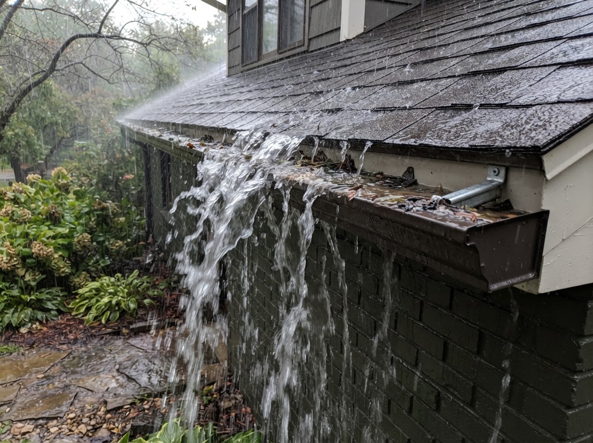 A rain gutter overflowing with water spilling over the front edge during a storm