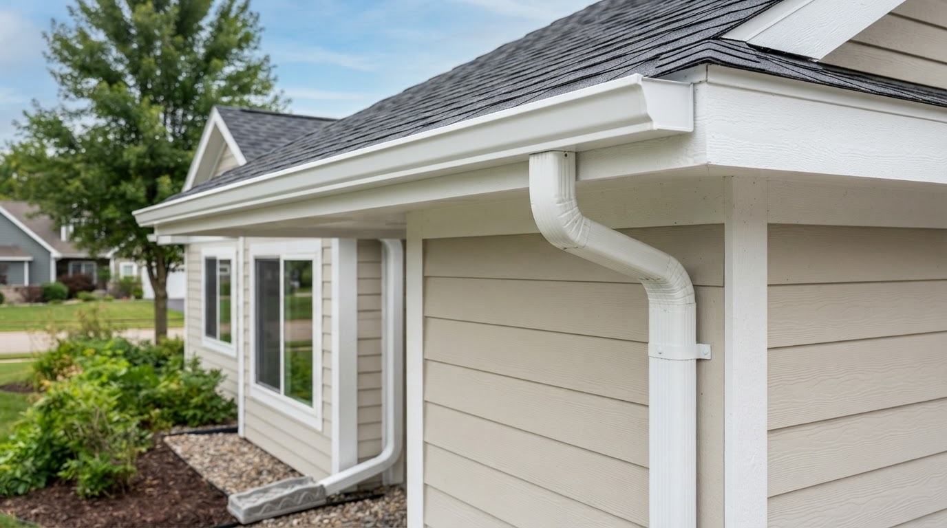 A home roofline with seamless gutters and a downspout carrying rainwater down and away from the wall