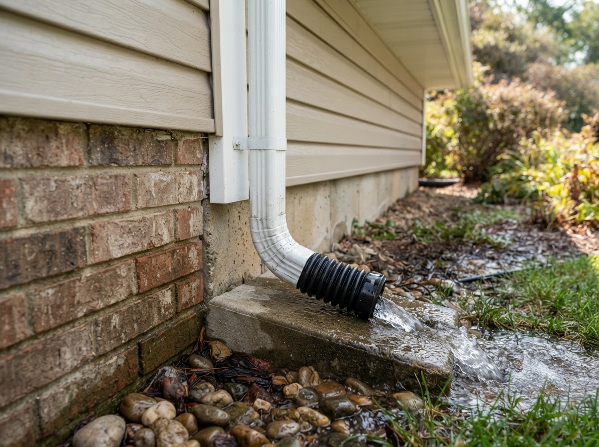 A gutter downspout directing water down and away from a home's foundation