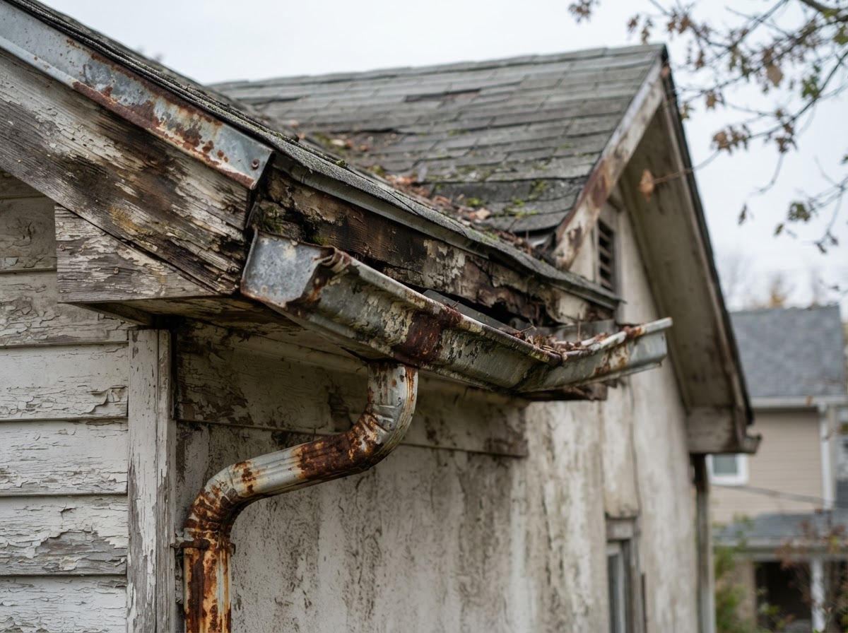Old, weathered gutters showing visible wear and sagging along an aging roofline