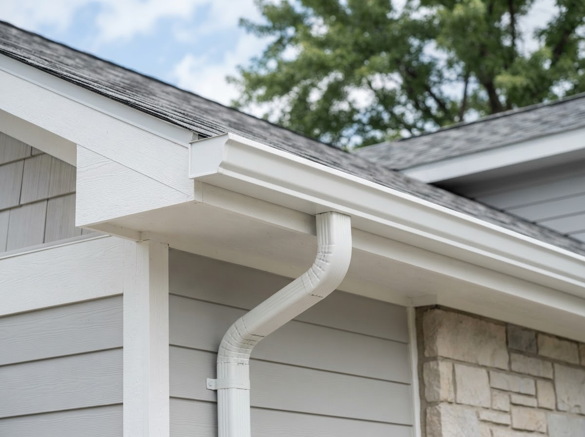 Newly installed seamless gutters running along a residential roof eave