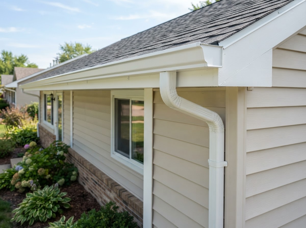 A new white aluminum seamless gutter installed along a home roofline with a connected downspout