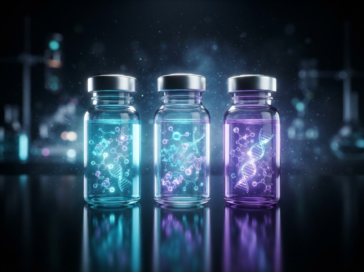 BBOHC LABS luminous glass vials surrounded by glowing electric-cyan and ultraviolet molecular structures on a midnight-black surface