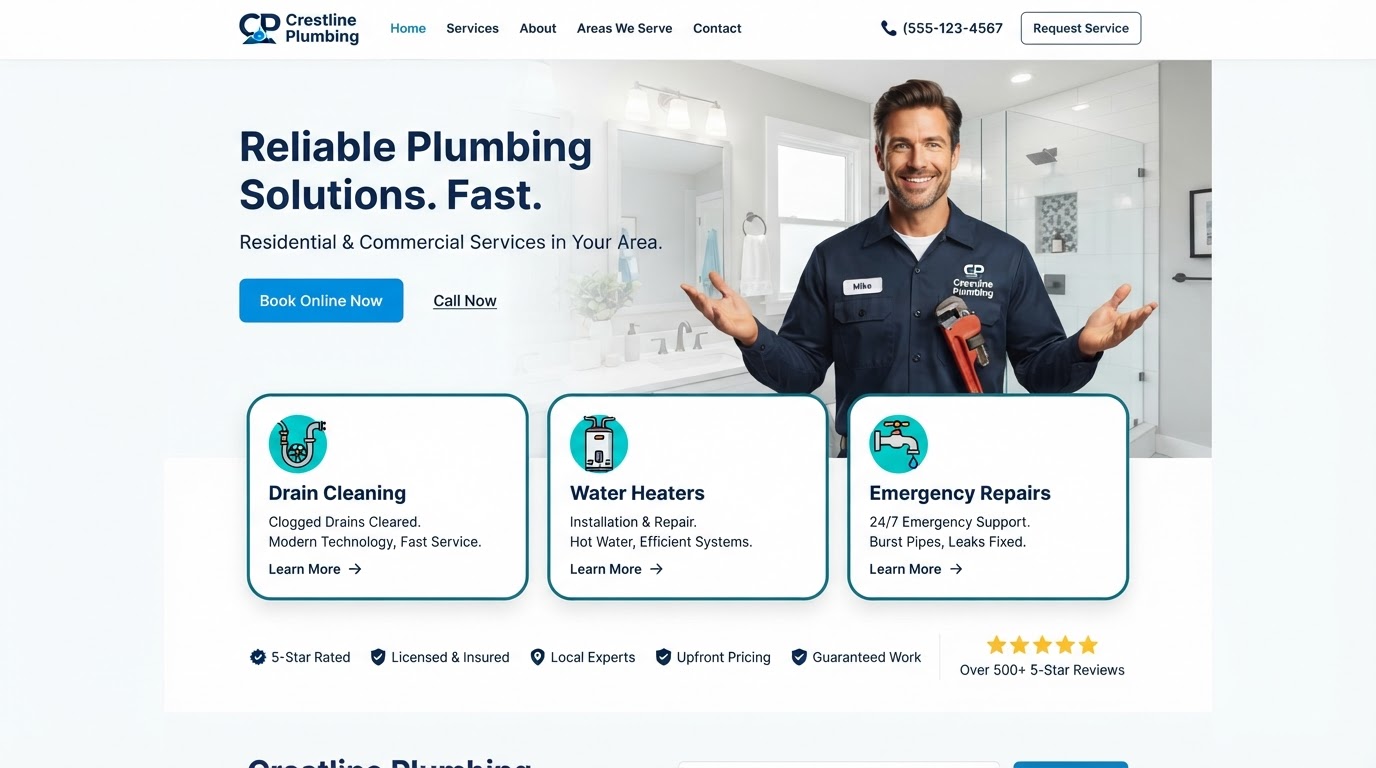 Desktop preview of a sample plumbing website built by Synapse AI Automations